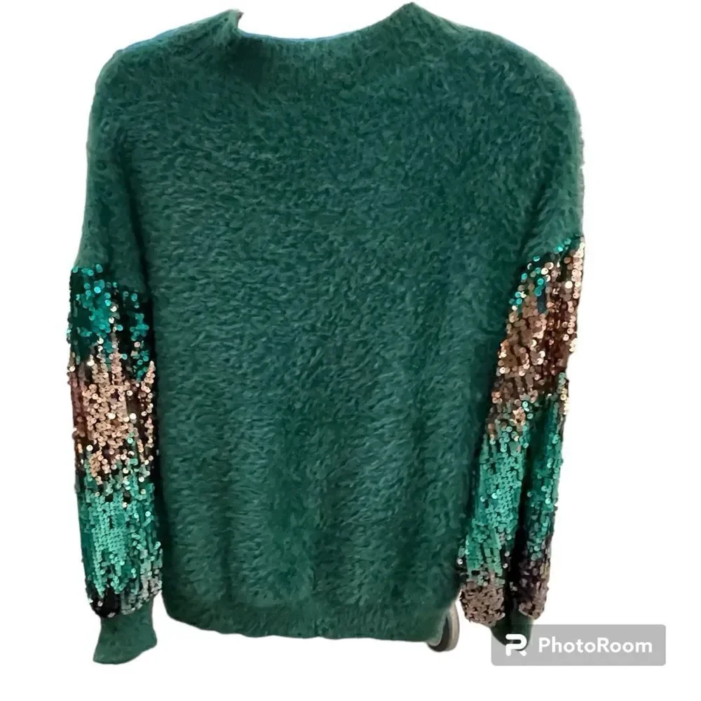 Wishlist pullover Sweater Green Purple Sequins Holiday Super Soft Large Like New